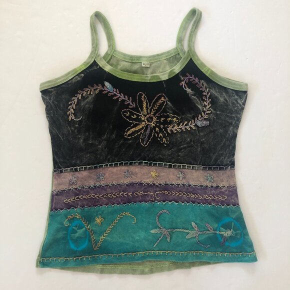 Vintage Y2K Cami Tank Top Tie Dye XL Floral Embroidery Boho Hippie Festival - Picture 1 of 5